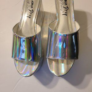 PriviligedIridescent silver hologram platform sandals, Lemon Drop.